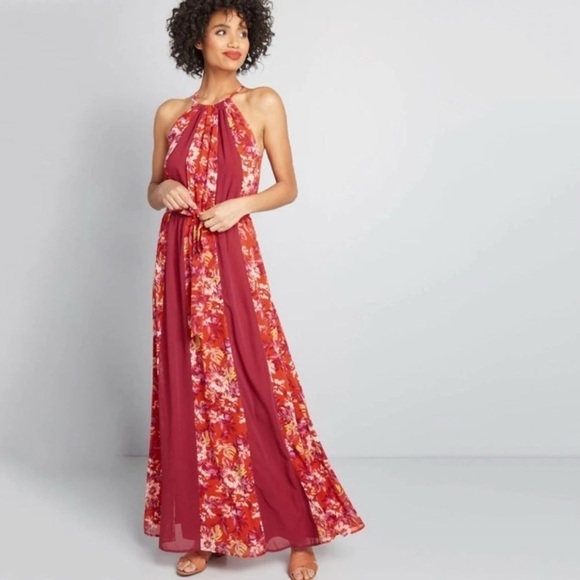 ModCloth Illuminated Elegance Chiffon Pink Orange Floral Printed Maxi Dress M - Picture 1 of 6